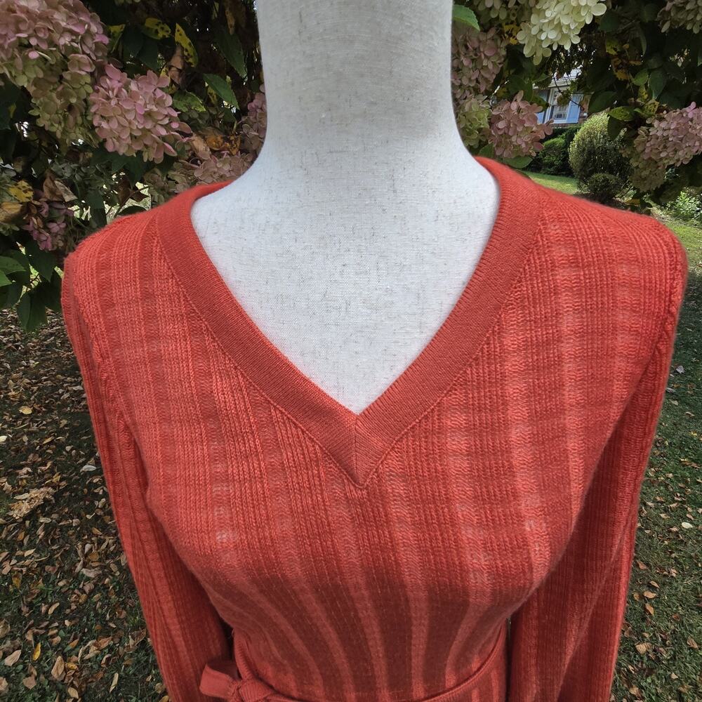 60s 70s Orange Long Sleeve Waffle Knit Dress Vintage‎ Midi Soft Belted V Neck - Picture 5 of 10